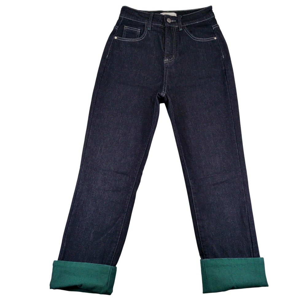 Palace Womens High Rise Dark Wash Straight Leg Jeans Green Contrast Cuff Size M